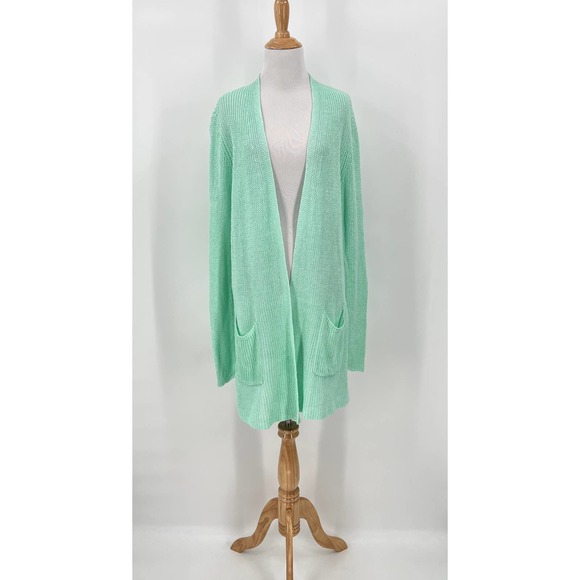 EILEEN FISHER Cardigan Sweater Womens Medium Mint Green Linen Knit Mid Length - Picture 1 of 13